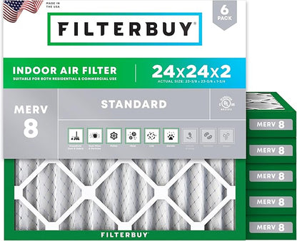 Filterbuy 24x24x2 Air Filter MERV 8 Essential Dust & Allergy Defense (6-Pack), Electrostatic Pleated HVAC AC Furnace Filters Replacement, Made in USA (Actual Size: 23.38 x 23.38 x 1.75)