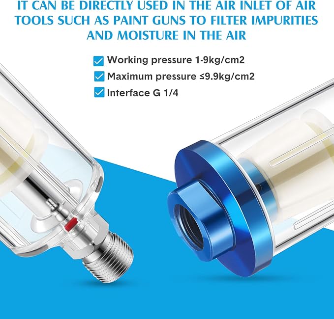 Pack of 6 Small Water Oil Separator Filter 1/4 Inch NPT Inlet and Outlet Air Compressor Moisture Filter Airbrush Water Separator for Spray Paint Air Line Compressor Fitting, Blue