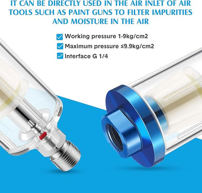 Pack of 6 Small Water Oil Separator Filter 1/4 Inch NPT Inlet and Outlet Air Compressor Moisture Filter Airbrush Water Separator for Spray Paint Air Line Compressor Fitting, Blue