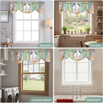 Easter Tie Up Valance Curtains for Windows, Kitchen Curtains Window Shades, Spring Colorful Bunny Eggs Flower Wood Grain Light Filtering Roman Curtain Valances for Bedroom/Bathroom/Cafe 54"x18"