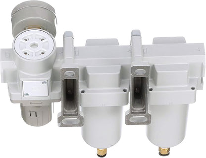 PneumaticPlus SAU430-N04DG-MEP Three Stage Air Drying System Particulate Air Filter, Coalescing Filter, Air Pressure Regulator Combo 1/2" NPT - Metal Bowl, Auto Drain, Bracket, Gauge