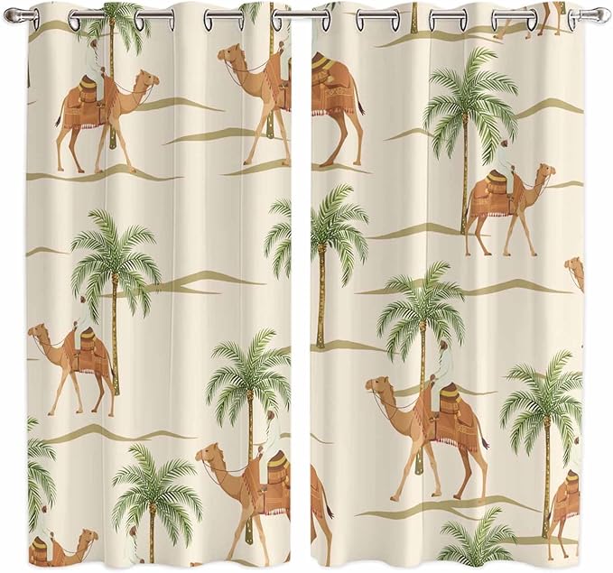 2 Panel Kitchen Cafe Curtains, Date Coconut Tree Sunlight Filtering Nature Air Through, Home Decor Window Covering Tier Curtains for Living Room 80W x 63L inch Desert Camels Botanical Tropical Beige