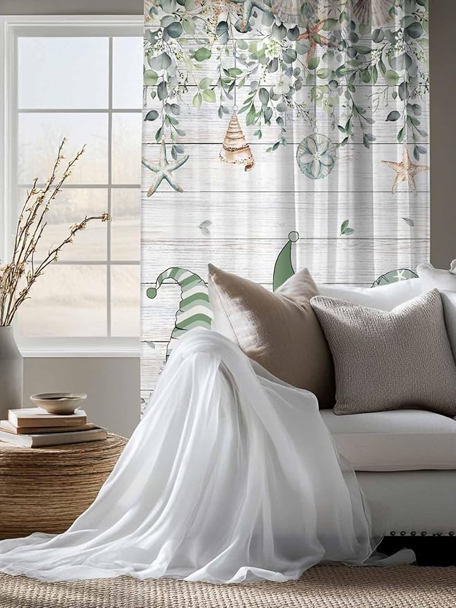 Sheer Curtains 72 Inches Long, Coastal Eucalyptus Leaf Semi Sheer Curtains Light Filtering Window Treatment, Sage Green Gnomes Starfish Privacy Voile Drapes for Living Room Bedroom 52x72 Inch
