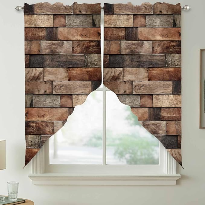 Western Barn Door Swag Valances for Windows, Vintage Farmhouses Wooden Door Brown Rod Pocket Kitchen Curtains Valance, Kitchen Window Curtains Swag for Cafe Bathroom Living Room, 2 Panels, 36x45 inch