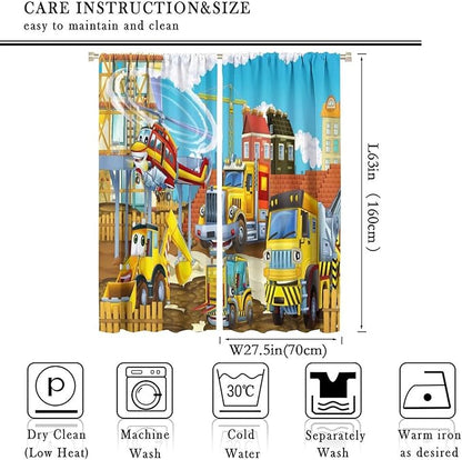 Kids Cartoon Construction Window Curtains, Funny Construction Site Cars and Helicopter Rod Pocket Decorative Windows Curtain for Children Teens Room Decor 55x63in (30% Blackout)