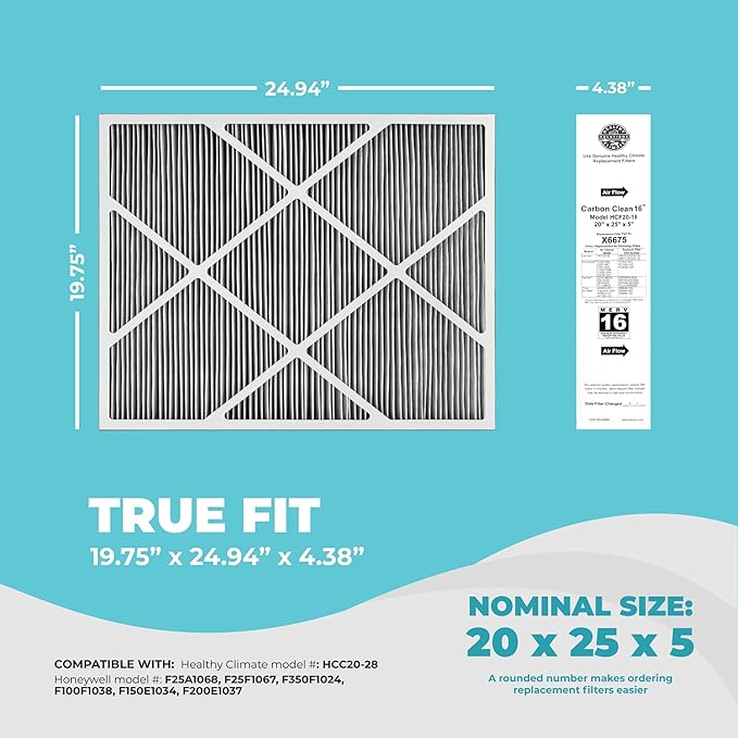 Healthy Climate Lennox X6675 20x25x5 Air Filter, Lennox Healthy Climate Carbon Clean Merv 16 Home Furnace Filter for HVAC system with Wholesalehome Cleaning Cloth