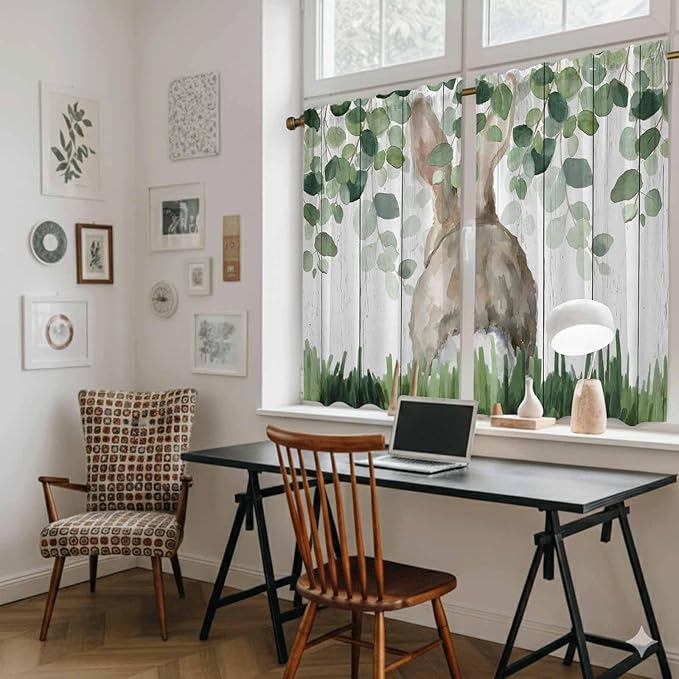 Easter Kitchen Curtains, Country Rabbit Botanical Leaves Wooden Grain Light Filtering Window Curtain Panels, 2Pcs Rod Pocket Window Treatments Set for Study Room Bathroom Bedroom 52x54 Inches