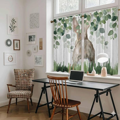 Easter Kitchen Curtains, Country Rabbit Botanical Leaves Wooden Grain Light Filtering Window Curtain Panels, 2Pcs Rod Pocket Window Treatments Set for Study Room Bathroom Bedroom 52x54 Inches