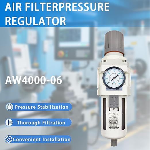 XingNEeng 3/4" NPT Compressed Air Filter Regulator Combo Piggyback, Water/Oil Trap Separator with Pressure Gauge(0-150 psi), Semi-Auto Drain, Poly Bowl, 5 Micron Brass Element, Metal Bracket