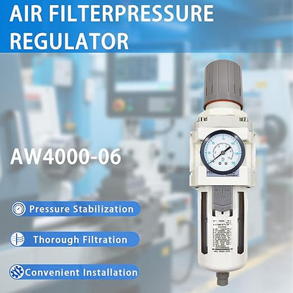 XingNEeng 3/4" NPT Compressed Air Filter Regulator Combo Piggyback, Water/Oil Trap Separator with Pressure Gauge(0-150 psi), Semi-Auto Drain, Poly Bowl, 5 Micron Brass Element, Metal Bracket