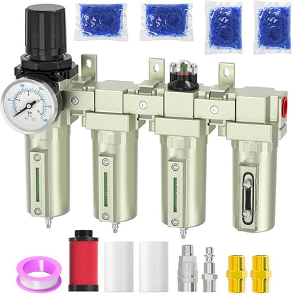 Industrial Grade 4-Stage Air Drying System, 1/2" Npt With Manual Drain, Desiccant Dryer, Air Regulator, Particulate Filter And Coalescing Filter For Paint Spray, Plasma Cutter