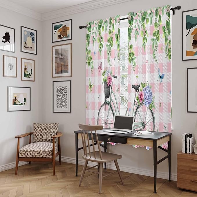 Spring Kitchen Curtains, Bicycles Leaves Butterfly Flowers Pink Buffalo Plaid Light Filtering Window Curtain Panels, 2Pcs Rod Pocket Window Treatments Set for Living Room Bathroom Bedroom 52x72 Inches