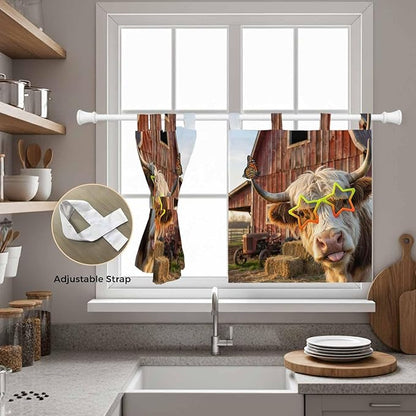 Farm Yaks Kitchen Curtains 36 Inch Length, Small Window Curtains Tab Top, Farmhouse Barn Funny Animals Butterfly Light Filtering Short Window Treatments Tier Drapes 27.5"x36" 2 Panel