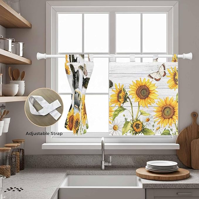 Retro Farmhouse Floral Kitchen Curtains 24 Inch Length, Small Window Curtains Tab Top, Yellow Sunflowers Cows Butterfly Wood Light Filtering Short Window Treatments Tier Drapes 27.5"x24" 2 Panel