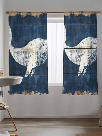 Sheer Curtains 72 Inches Long, Ocean Whale Blue Semi Sheer Curtains Light Filtering Window Treatment, Summer Sea Vintage Wooden Grain Privacy Voile Drapes for Living Room Bedroom 52x72 Inch