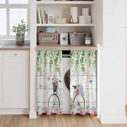 Spring Tier Curtains, Bicycles Botanical Rose Leaves Butterfly Wood Grain Light Filtering Kitchen Curtains, 2Pcs Rod Pocket Half Window Treatments Panels for Sink Cafe Cabinet Basement 27.5x45 Inches