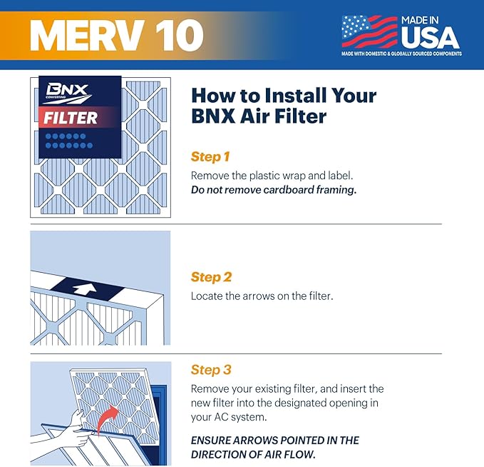 BNX TruFilter 16x20x1 MERV 10 (6-Pack) AC Furnace Air Filter - MADE IN USA - Pleated Air Conditioner HVAC AC Furnace Filters - Removes Odor, Mold, Bacteria, Smoke
