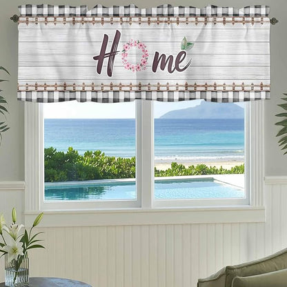 Spring Flowers Curtain Valances for Windows, Kitchen Valance Window Treatment, Farmhouse Watercolor Black Plaid Wood Grain Light Filtering Block Curtains for Bathroom/Bedroom/Living Room 60'' x 18''