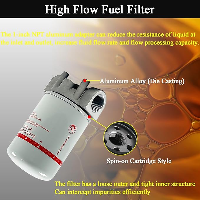 1 Inch NPT Fuel Tank Filter Kit, High Flow Fuel Filter 25 GPM 30 Micron Spin-on Cartridge Style Particulate Filter Compatible With Diesel Transfer Pump