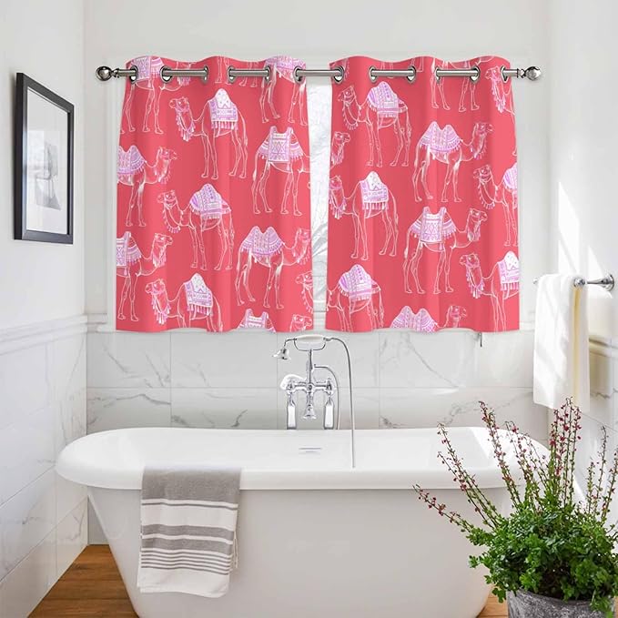 2 Panel Kitchen Cafe Curtains, Desert Camel Sunlight Filtering Nature Air Through, Home Decor Window Covering Tier Curtains for Bedroom Living Room Summer Sand Camel Animal Vintage Pink
