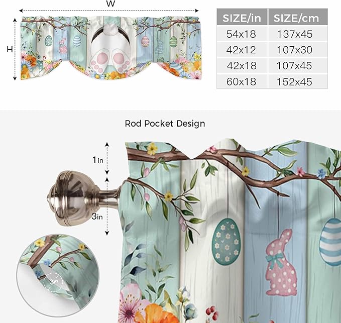 Easter Tie Up Valance Curtains for Windows, Kitchen Curtains Window Shades, Spring Watercolor Bunny Eggs Wood Grain Teal Blue Light Filtering Roman Curtain Valances for Bedroom/Bathroom/Cafe 54"x18"