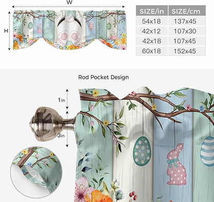 Easter Tie Up Valance Curtains for Windows, Kitchen Curtains Window Shades, Spring Watercolor Bunny Eggs Wood Grain Teal Blue Light Filtering Roman Curtain Valances for Bedroom/Bathroom/Cafe 60"x18"