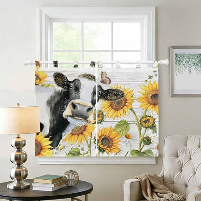 Retro Farmhouse Floral Kitchen Curtains 45 Inch Length, Short Cafe Window Curtains Tab Top, Yellow Sunflowers Cows Butterfly Wood Light Filtering Window Treatments Tier Drapes 27.5"x45" 2 Panel