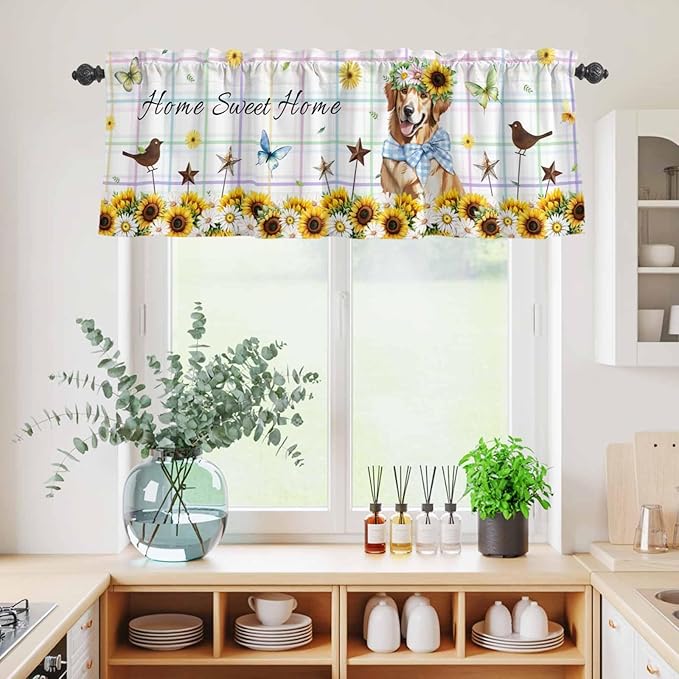Kitchen Curtains Tiers and Valance Set of 3, Sunflowers Dog Light Filtering Window Curtain Set, Spring Watercolor Floral Stars Colorful Plaid Rod Pocket Curtain Drapes for Living Room, 24 Inches Tiers