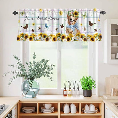 Kitchen Curtains Tiers and Valance Set of 3, Sunflowers Dog Light Filtering Window Curtain Set, Spring Watercolor Floral Stars Colorful Plaid Rod Pocket Curtain Drapes for Living Room, 24 Inches Tiers
