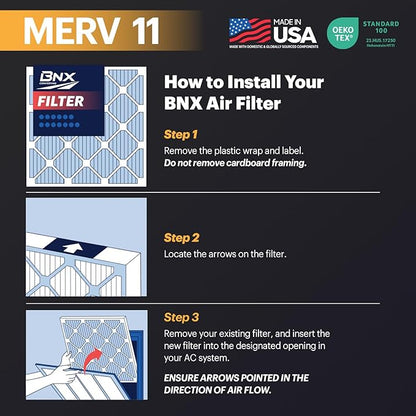 BNX TruFilter 12x12x1 Air Filter MERV 11 (6-Pack) - MADE IN USA - Allergen Defense Electrostatic Pleated Air Conditioner HVAC AC Furnace Filters for Allergies, Dust, Pet, Smoke, Allergy MPR 1200 FPR 7