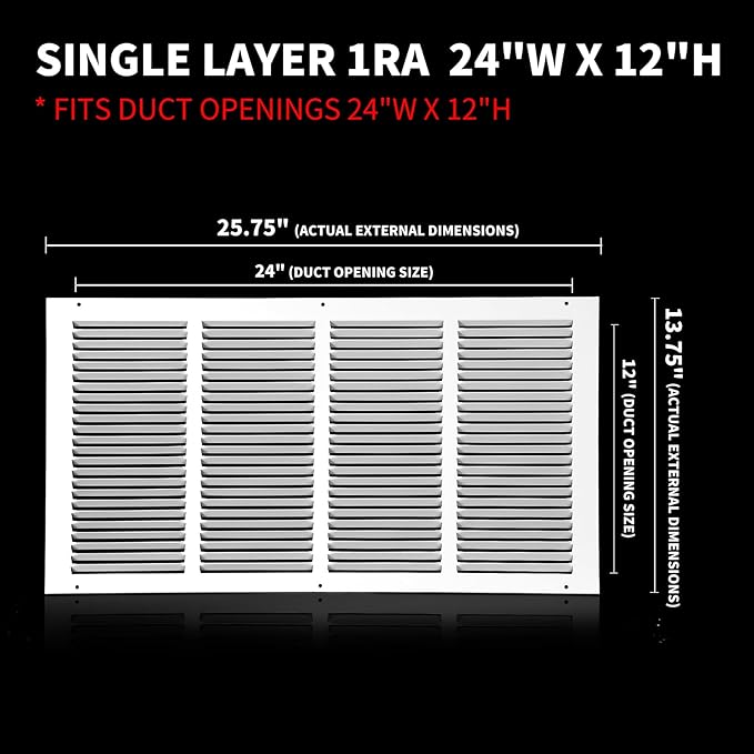 24x12 Return Air Grille(Duct Opening Size),Air Return Vent Cover,Flat Vent Cover,Rejillas De Aire Acondicionado para Casa,Return Air Grilles,Outer Dimensions:25.75"Wx13.75"H(24"Wx12"H, Duct Opening)