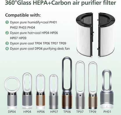 360 Combi Glass HEPA + Carbon Filter Replacement for Dyson HP1 TP09 TP07 TP06 TP04 TP10 TP7A HP04 HP06 HP07 HP09 HP10 HP4A HP7A PH01 PH02 PH03 PH04 PH3A DP04 PC1 Air Purifier, 2 Pack, Black