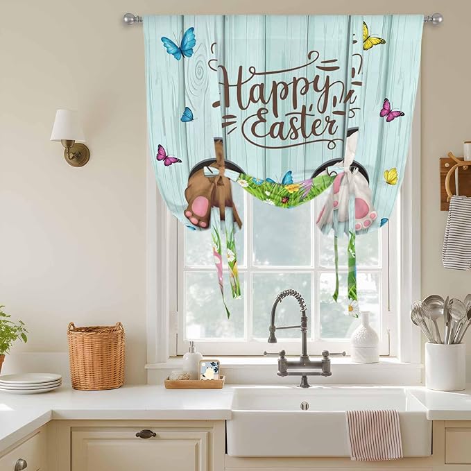 Tie Up Curtains,Happy Easter Bunny Butt Egg Floral Adjustable Rod Pocket Window Shade Curtain Drape Spring Plant on Aqua Wood Tie-Up Valance for Kitchen Bedroom Living Room Windows,52"x63"