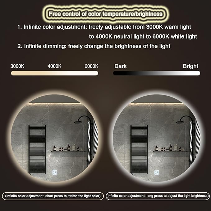 Round Led Bathroom Mirror,Round Bathroom Mirror with LED Lights，Bathroom Mirror with LED Lights,Demister pad，Dimmable Touch Switch Makeup Smart LED Mirror(B,H70*W70cm/H27.6*W27.6IN)