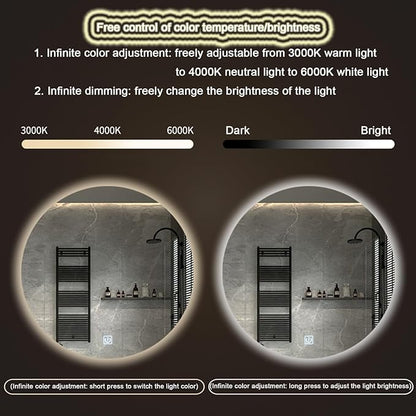 Round Led Bathroom Mirror,Round Bathroom Mirror with LED Lights，Bathroom Mirror with LED Lights,Demister pad，Dimmable Touch Switch Makeup Smart LED Mirror(B,H70*W70cm/H27.6*W27.6IN)
