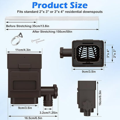 WADEO Rainwater Collection System, Downspout Diverter Fits for 2"x 3" or 3"x 4" Residential Downspouts, Rain Barrel Diverter Kit with Adjustable Valve and Filter, 5FT Hose, Brown