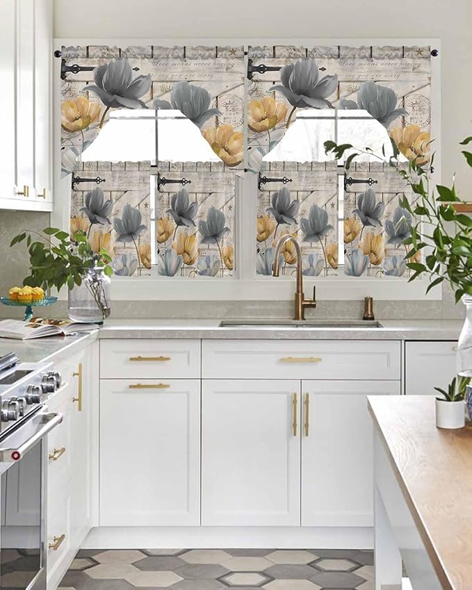 Vintage Tulip Swag Kitchen Curtains Valance and Tier Set, Farmhouse Retro Blue Yellow Grey Flower Barn Door Light-Filtering Swag Valance 36 Inch Length, Rod Pocket Short Curtain for Bedroom Cafe
