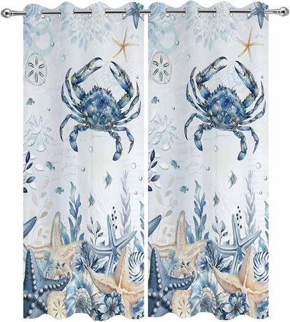 Oceans Outdoor Curtains for Patio Crabs Marine Life Shell Starfish Blue Waterproof Outside Curtains with Grommet Top Weatherproof Curtain for Cabana Pergola Gazebo, 2 Pack, 54" W x 84" L