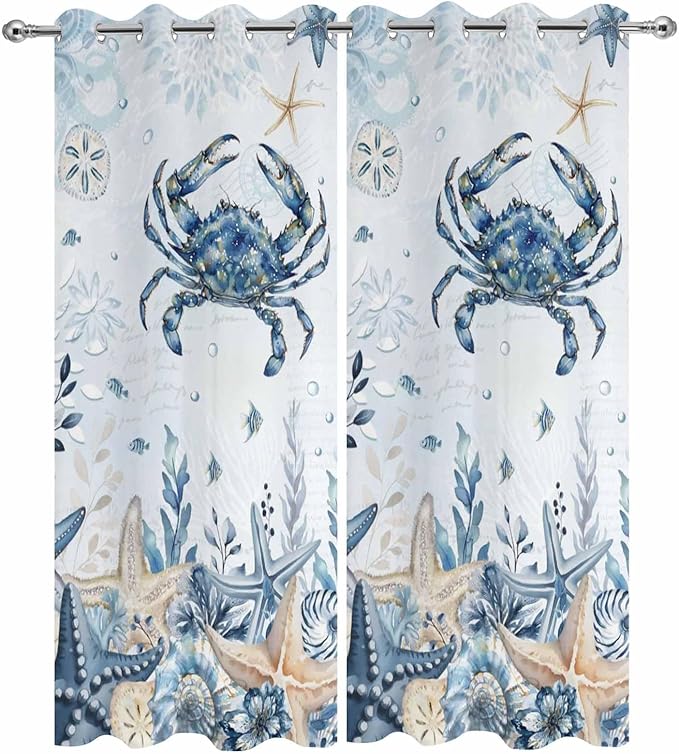 Oceans Outdoor Curtains for Patio Crabs Marine Life Shell Starfish Blue Waterproof Outside Curtains with Grommet Top Weatherproof Curtain for Cabana Pergola Gazebo, 2 Pack, 54" W x 108" L
