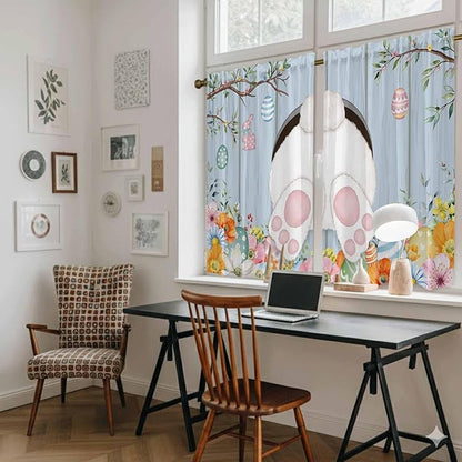 Easter Kitchen Curtains 54 Inch Long 2 Panel Set,Rod Pocket Window Curtains Panels,Spring Watercolor Bunny Eggs Flower Wood Grain Blue Light Filtering Drapery Draperies for Bathroom 52"W x 54"L