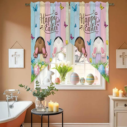Swag Curtain Valances for Kitchen Windows,Happy Easter Rabbit Butt Egg on Daisy Leaf Short Rod Pocket Window Valance,Bufferfly on Wood Barn Swag Topper for Bedroom Living Room,2 Panels 36x45in