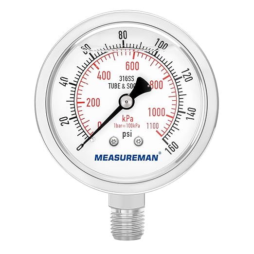 MEASUREMAN Fully Stainless Steel Hydraulic Glycerin Filled Pressure Gauge, 2-1/2" Dial Size,0-160psi/kpa,1/4" NPT Lower Mount