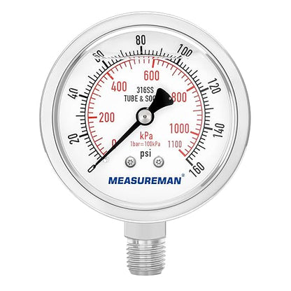 MEASUREMAN Fully Stainless Steel Hydraulic Glycerin Filled Pressure Gauge, 2-1/2" Dial Size,0-160psi/kpa,1/4" NPT Lower Mount