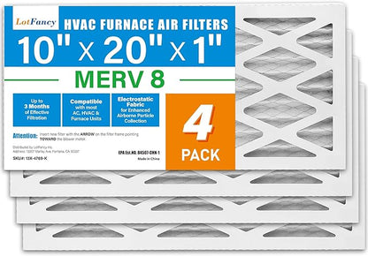 LotFancy 10x20x1 Air Filter MERV 8 4-Pack, Electrostatic Pleated Furnace & AC Filter, Captures Dust, Pet Hair, Pollen, Actual Size: 9.75"x19.75"x0.75"