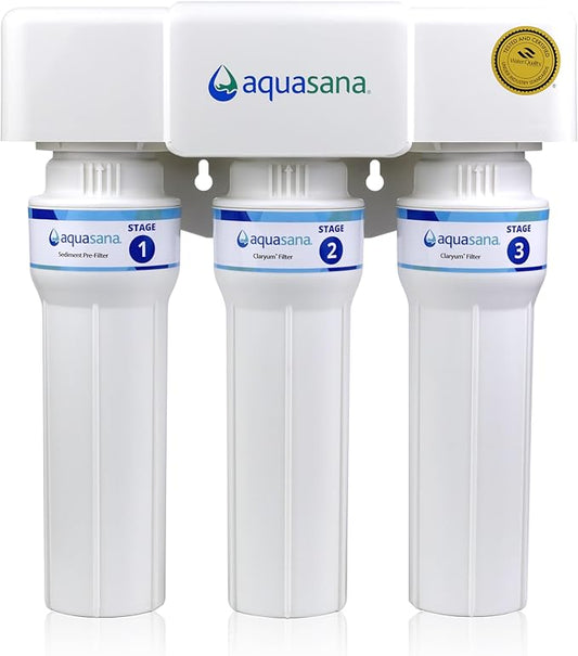 Aquasana Under Sink Water Filter | 3-Stage Max Flow Filtration | Reduces up to 99.99% of 78 Contaminants - PFAS, Lead, Chlorine, Cysts, & More | Under Counter Drinking Water Filter | AQ-6300M-NF