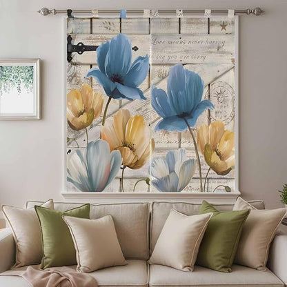 Blue Yellow Tulips Bathroom Curtains 63 Inch Length, Window Curtains Tab Top, Retro Farmhouse Flower Barn Doors Wooden Light Filtering Window Treatments Drapes 52"x63" 2 Panel