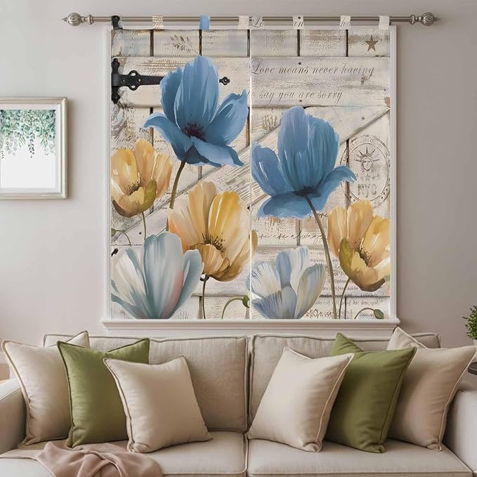Blue Yellow Tulips Living Room Curtains 84 Inch Length, Window Curtains Tab Top, Retro Farmhouse Flower Barn Doors Wooden Light Filtering Window Treatments Drapes 42"x84" 2 Panel