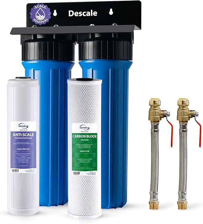 iSpring WGB22B-DS+AHPF12MNPT16X2 2-Stage Whole House Water Filter System w/ 3/4'' Push-Fit Braided Stainless Steel Hose Connectors, Reduces Scale, Corrosion, Chlorine, Taste, Odor