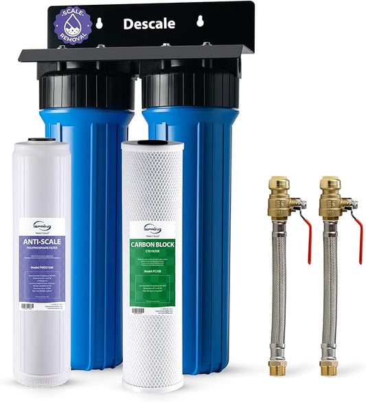 iSpring WGB22B-DS+AHPF12MNPT16X2 2-Stage Whole House Water Filter System w/ 3/4'' Push-Fit Braided Stainless Steel Hose Connectors, Reduces Scale, Corrosion, Chlorine, Taste, Odor