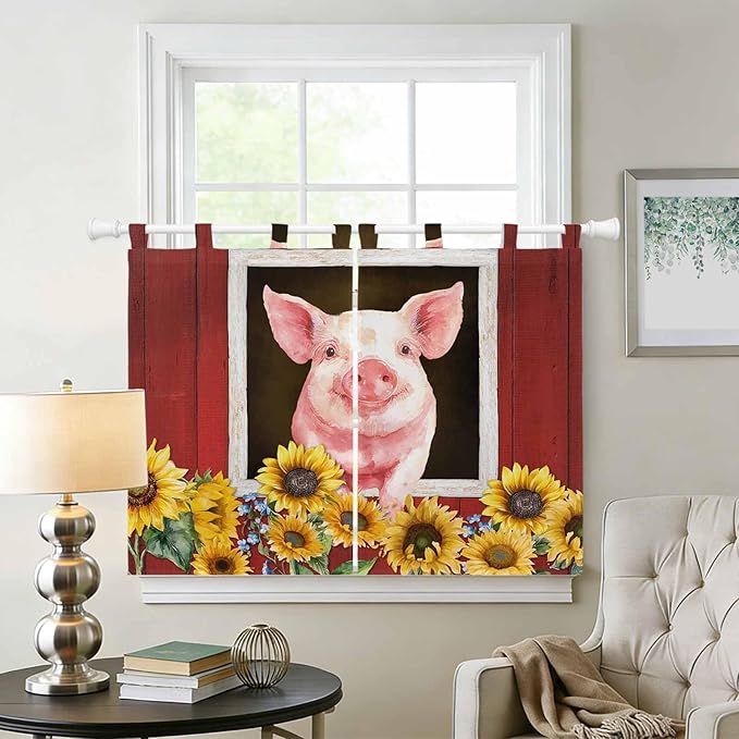 Pigs Sunflowers Kitchen Curtains 45 Inch Length, Short Cafe Window Curtains Tab Top, Farmhouse Red Barn Flowers Animals Light Filtering Window Treatments Tier Drapes 27.5"x45" 2 Panel
